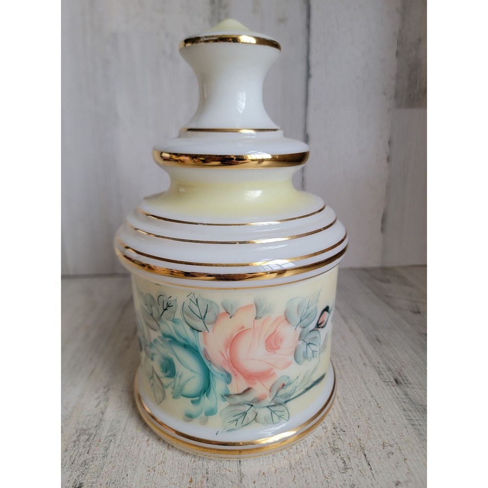 Vintage‎ apothecary milk glass jar flower design unique floral rose container